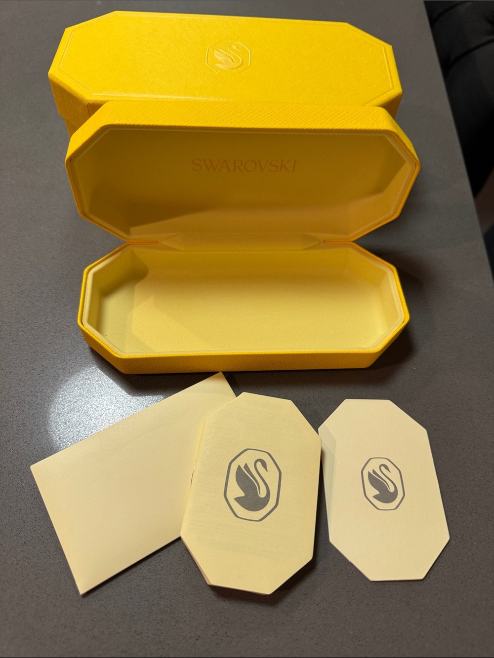 Swarovski Bright Yellow Octagonal Glasses Box, Case, Cleaning cloth & Papers. - Picture 1 of 4